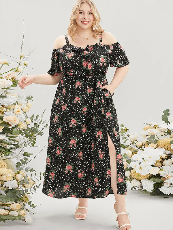 Floral & Polka Dot Ruffle Trim Pocket Cold Shoulder Split Dress Hot Styles