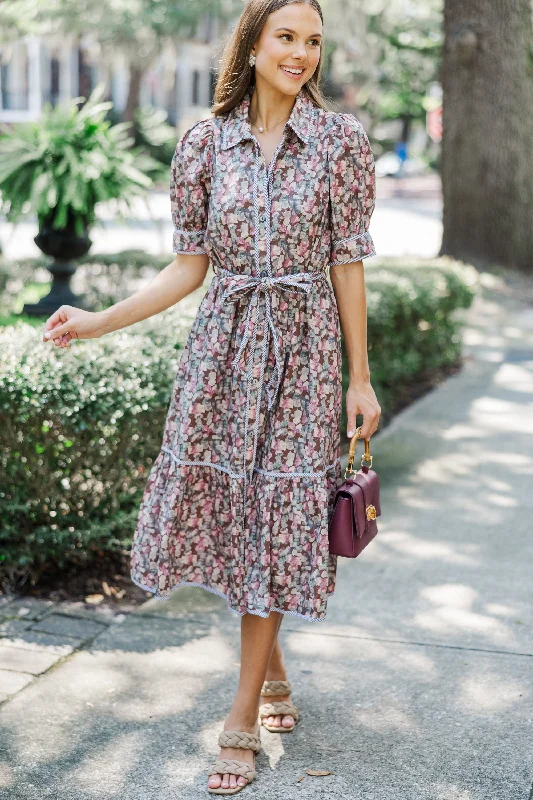 Be With Me Brown Ditsy Floral Midi Dress Floral Style