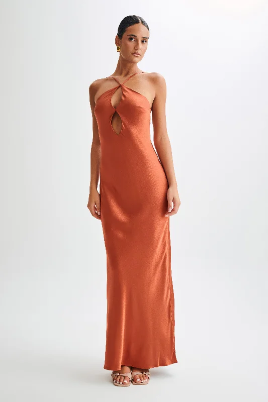 Lucia Satin Cut Out Maxi Dress - Burnt Orange Save On Inspired Styles