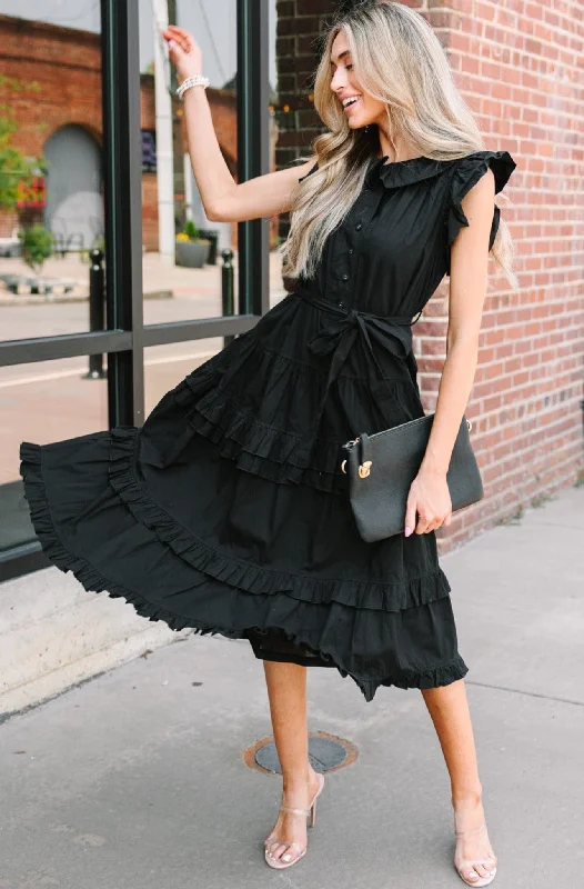 On The Verge Black Ruffled Midi Dress Style Without Limits