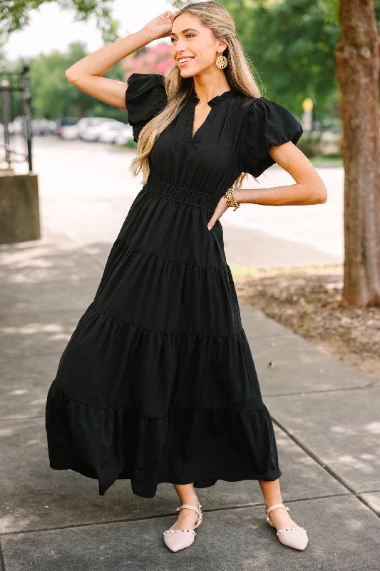 Coming Back For You Black Tiered Midi Dress Designer Wear On Sale