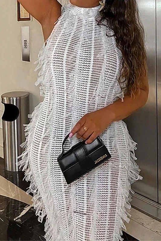 Fringe Mesh Mock Neck Midi Dress Fashion Essentials