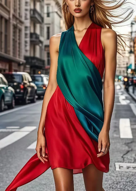 Beautiful Colorblock Asymmetrical Patchwork Silk Work Dress Sleeveless Casual Chic