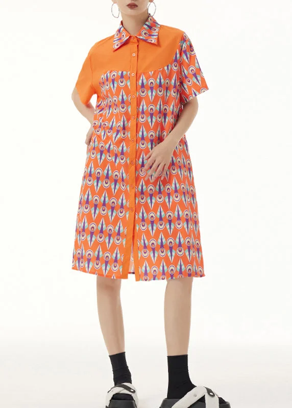 Cute Orange Peter Pan Collar Print Button Mid Dresses Short Sleeve Save On Inspired Styles