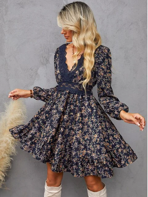 BerriesJam - Floral Lace Sexy V-neck Ruffled Long Sleeve Party Dress Disco - Inspired Retro Dance Look