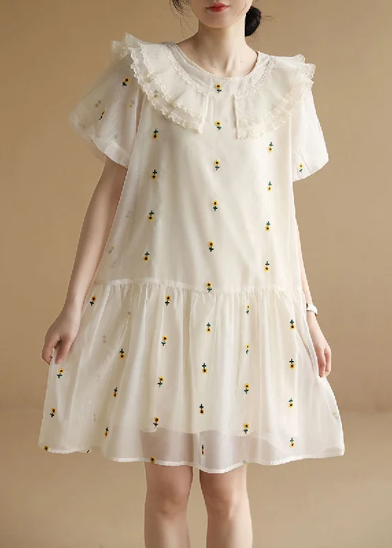 Italian White O-Neck Embroideried Tulle Vacation Dresses Short Sleeve Comfort First Women's Wear