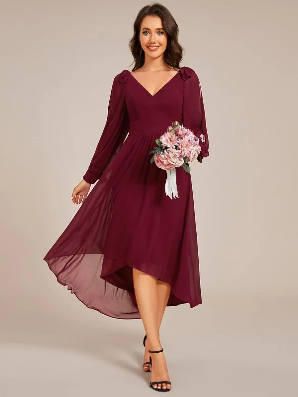 Audrey | Long Sleeve V-Neck Midi Asymmetrical Hem Chiffon Bridesmaid Dress Fashion-Forward