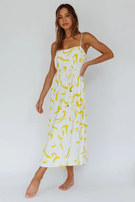 Rossy Waist Tie Midi Dress Printed Yellow Stylish Savings