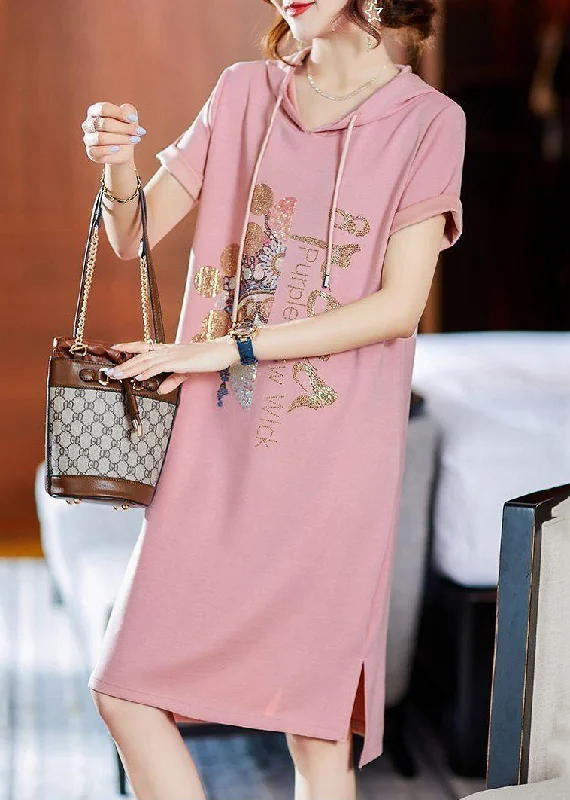 Loose Pink Hooded Zircon Patchwork Cotton Dresses Summer Spring Fashion