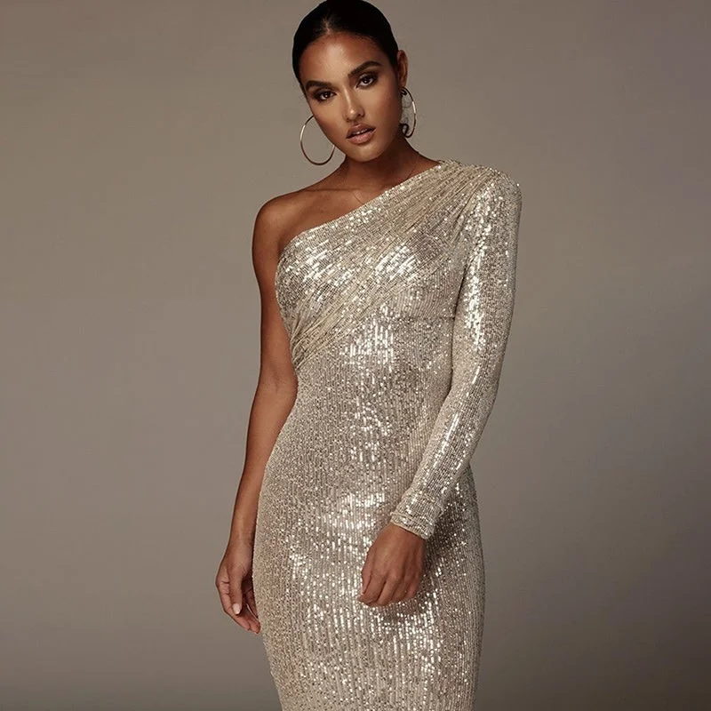 BerriesJam - Christmas One Shoulder Sparkle Glitzy Sequins Dress Evening Looks