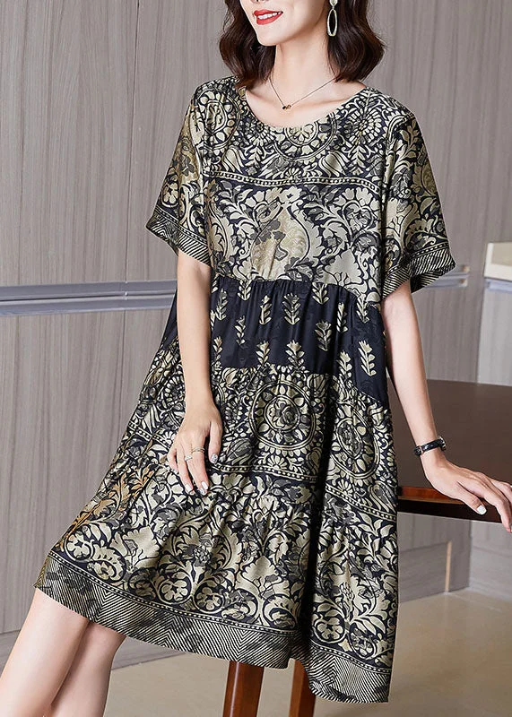 Boutique Gold O-Neck Print Wrinkled Patchwork Silk Dresses Summer Trend Alert