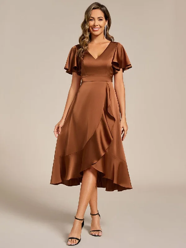 V-Neck Satin Midi Wedding Guest Dress with Ruffled Skirt Must Haves