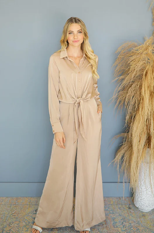 Madeline Taupe Satin Jumpsuit - Nursing Friendly - FINAL SALE Budget Friendly Fashion