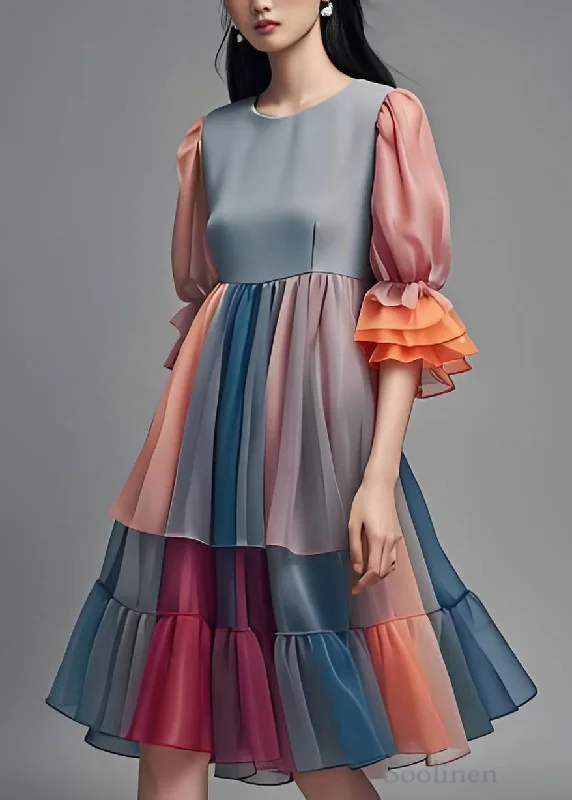 Fashion Colorblock Ruffled Patchwork Chiffon Dress Summer Casual Chic Clothing