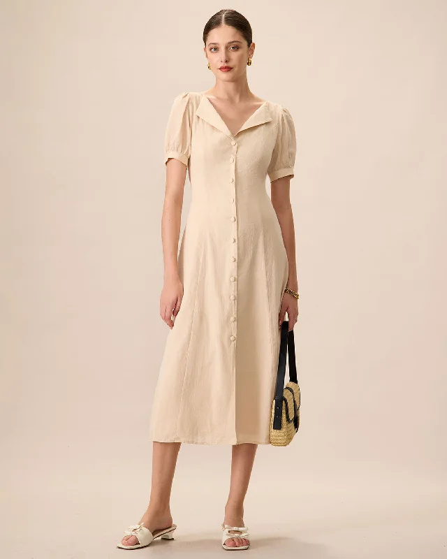 Women's Apricot Puff Sleeve Cotton Midi Dress Early Access To Art Deco Styles Sale