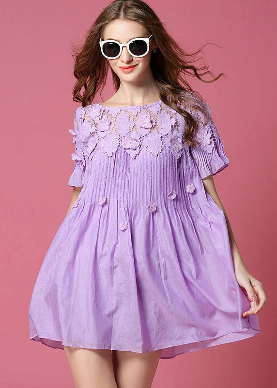 Simple Purple Hollow Out Wrinkled Cotton Day Dress Summer Durable Fashion Picks