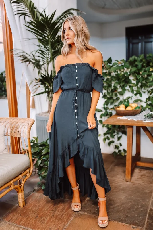 Navy High Low Dress: Off The Shoulder Button Down Maxi Modern Romance