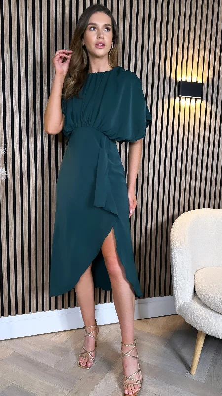 Jaelynn Teal Batwing Gathered Top Midi Dress Special Offer