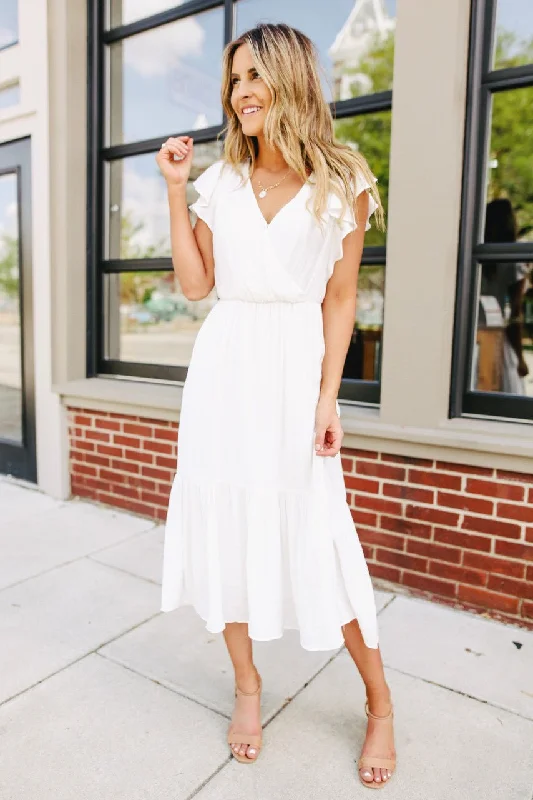 Ruffle Sleeve Surplice White Midi Dress - FINAL SALE Final Clearance