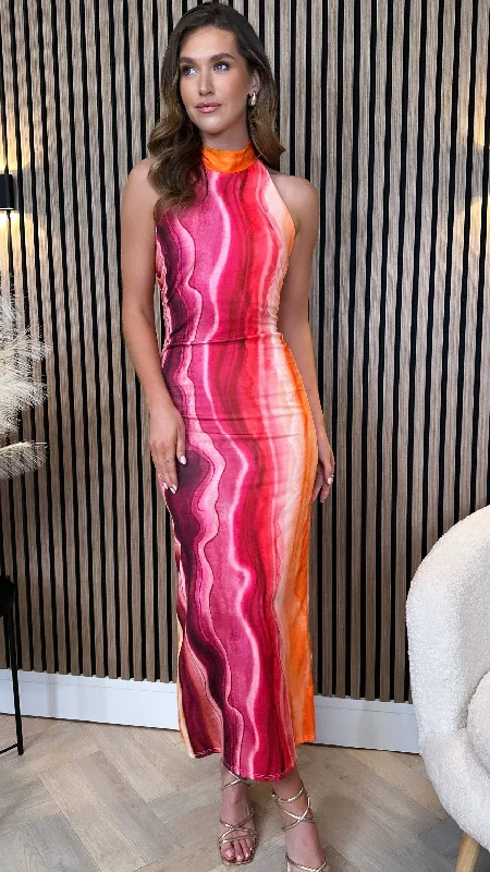 Nicole Fuchsia & Orange Tie Dye Printed Halterneck Midi Dress Exclusive Sale