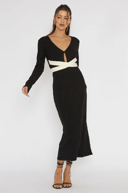 So Emotional Long Sleeve Cut-Out Knit Dress Black Casual Yet Stylish Separates