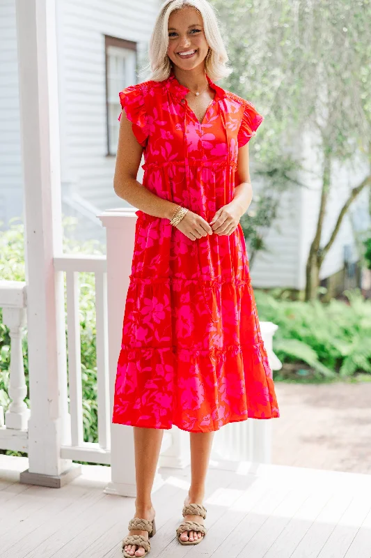 Show You Off Red Floral Midi Dress Flowy Fabric