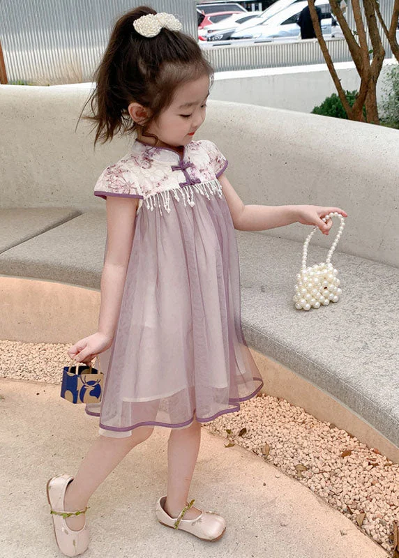 Boutique Purple Tasseled Bow Patchwork Tulle Kids Girls Dress Summer Celebrate With Big Savings