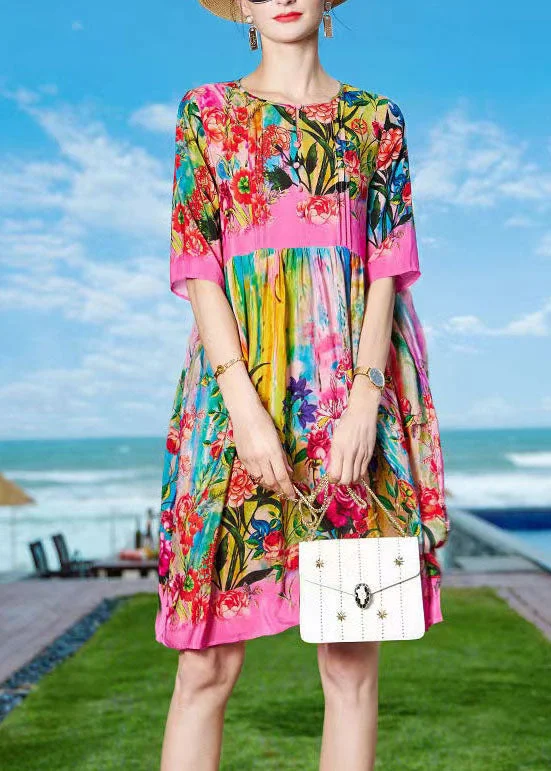 Bohemian Rose O-Neck Print Patchwork Silk Beach Dresses Short Sleeve Romantic Date - Night Ensemble