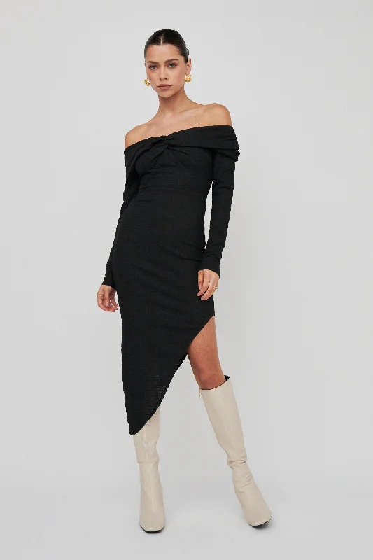 Annalora One-Shoulder Long Sleeve Midi Dress Black Ride The Style Wave