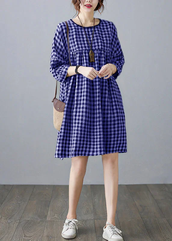 Vintage O-Neck wrinkled Pocket Blue Linen Loose Dresses Half Sleeve Trendy Women's Wear Collection