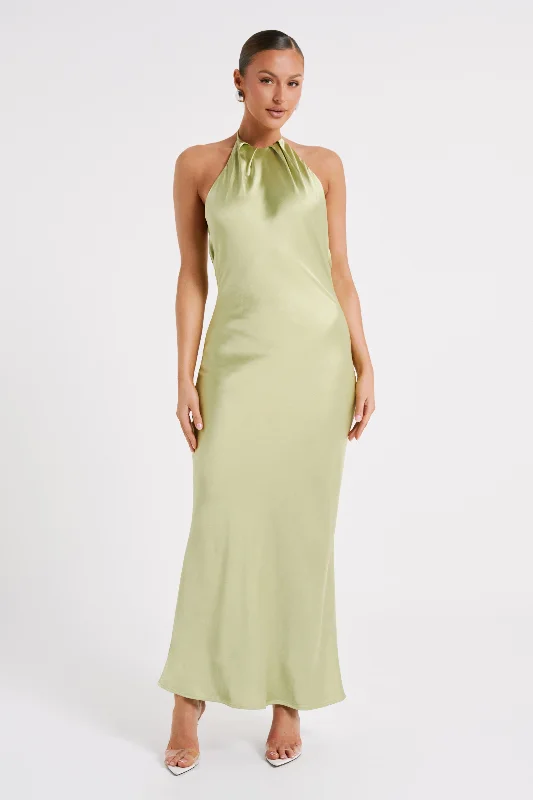 Sammy Satin Halter Maxi Dress - Pistachio Casual Weekend Relaxed Style