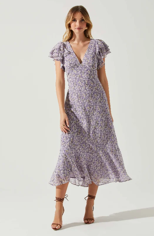 Celestine Floral Ruffle Midi Dress Sleek Design