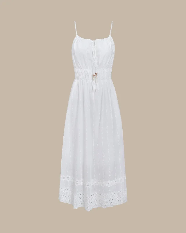 White Embroidery Shirred Slip Midi Dress Weekend Special