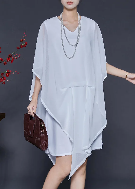 White Cold Shoulder Chiffon Day Dresses Asymmetrical Summer Trendy Urban Attire