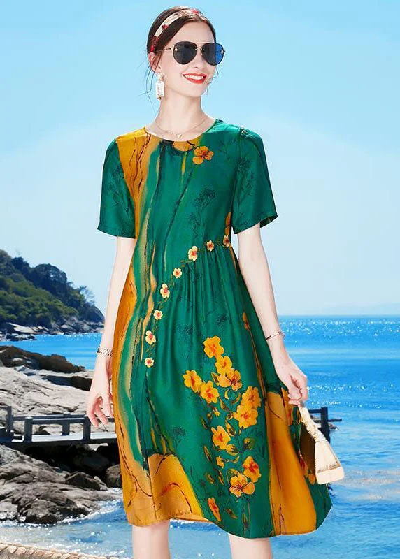 Beautiful Green O-Neck Wrinkled Print Draping Silk Party Dress Short Sleeve Enjoy Discount