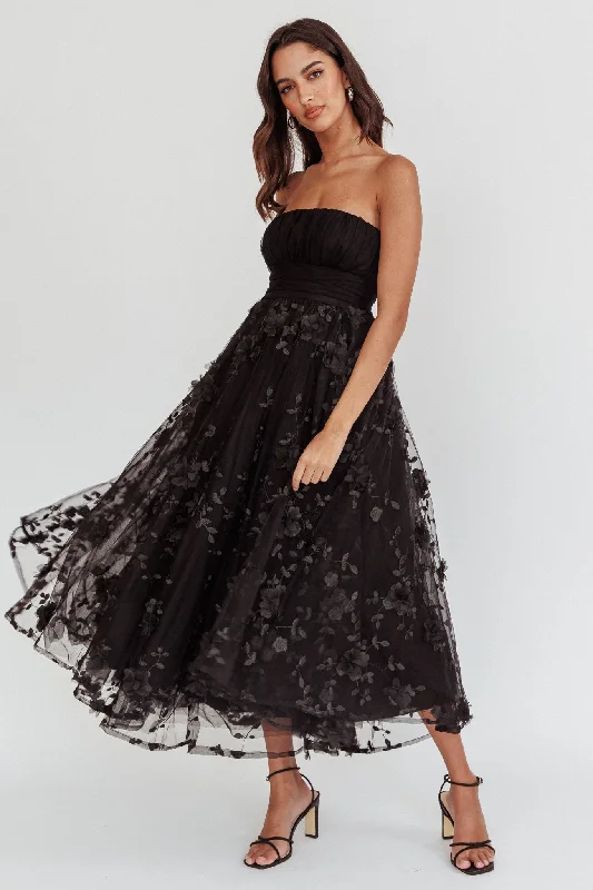 Fayette Strapless Mesh Midi Dress Embellished Black Season Transition Versatile Wear Clearance