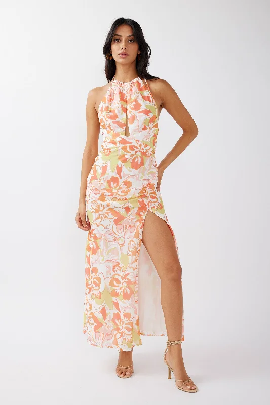 Nirvana Halterneck Split Midi Dress Floral Orange Hot Styles