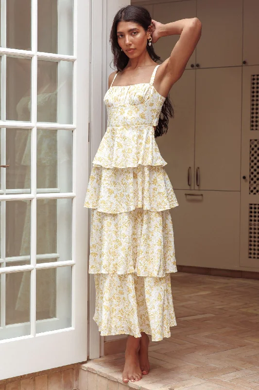 Provence Bloom Tiered Midi Dress Floral Yellow Elegant Simplicity Wardrobe