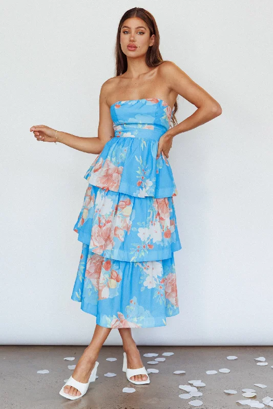 Outshine Strapless Tiered Midi Dress Floral Blue Seize Bargains