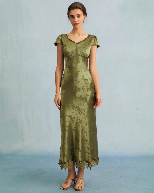 The Green Jacquard Cap Sleeve Satin Midi Dress Style Versatile Women's Collection