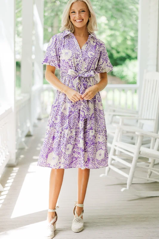 There You Go Lavender Purple Floral Midi Dress Parisian Effortless Chic Style