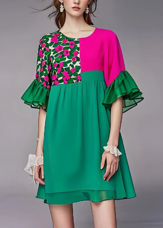 Style Green O Neck Patchwork Chiffon Mid Dress Butterfly Sleeve Chic Outfits