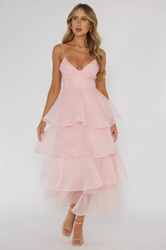 Made For You Tiered Ruffle Midi Dress Pink Stay Ahead In Style