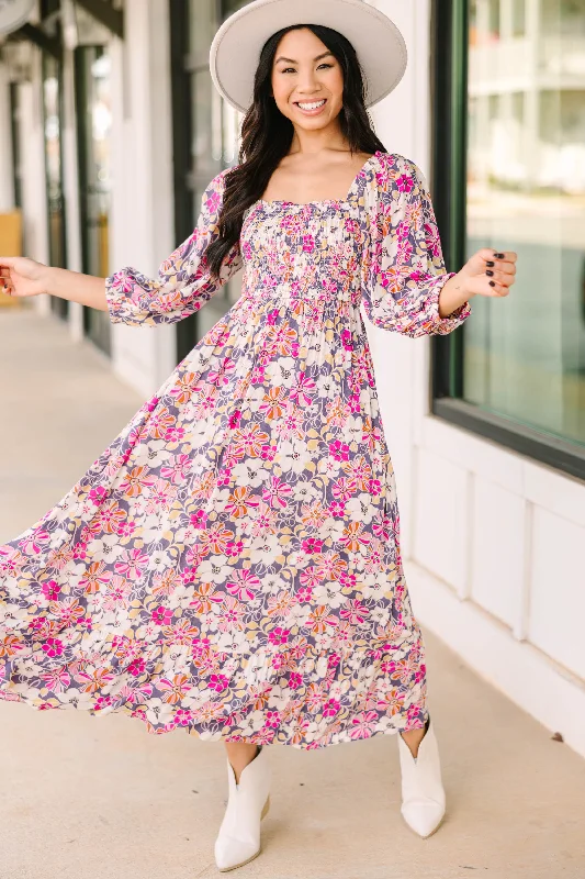 Feeling Connected Purple Floral Midi Dress Romantic Detailing