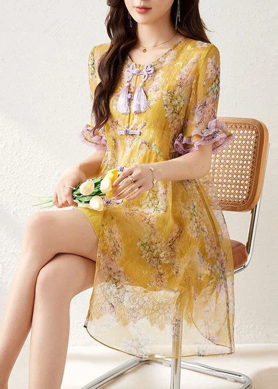 Elegant Yellow Print Chinese Button Tassel Silk Mid Dresses Summer Discover Now