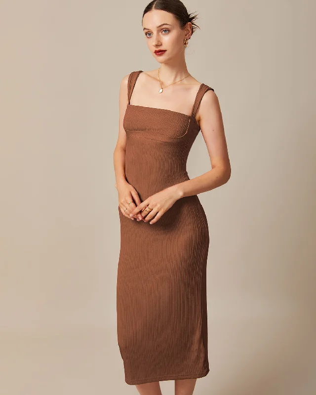 The Caramel Square Neck Ribbed Midi Dress Chic Styles