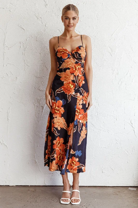 Missoula Cami Strap Padded Bust Midi Dress Flower Orange Additional Time-Limited Offers