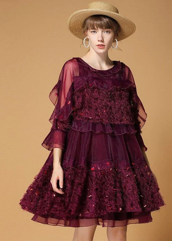 Mulberry Patchwork Tulle Dress Sequins Hollow Out Half Sleeve Premium Fashion