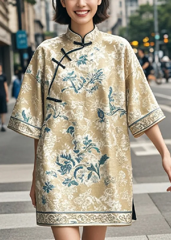 Chic Khaki Print Chinese Style Mini Dresses Half Sleeve Flash Sale Now