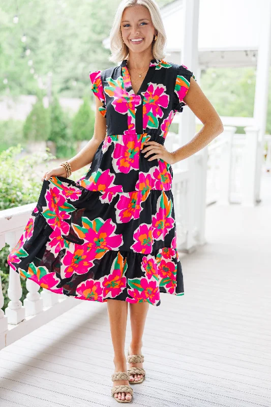 Created Beauty Black Floral Midi Dress Chic Style, Always In Vogue